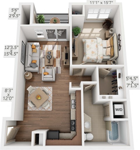 Floor plan for 1 bed, 1 bath, 762 sqft